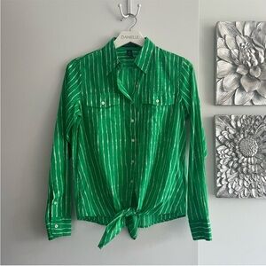 LAUREN RALPH LAUREN Green Striped Tie-Front Button Down Shirt